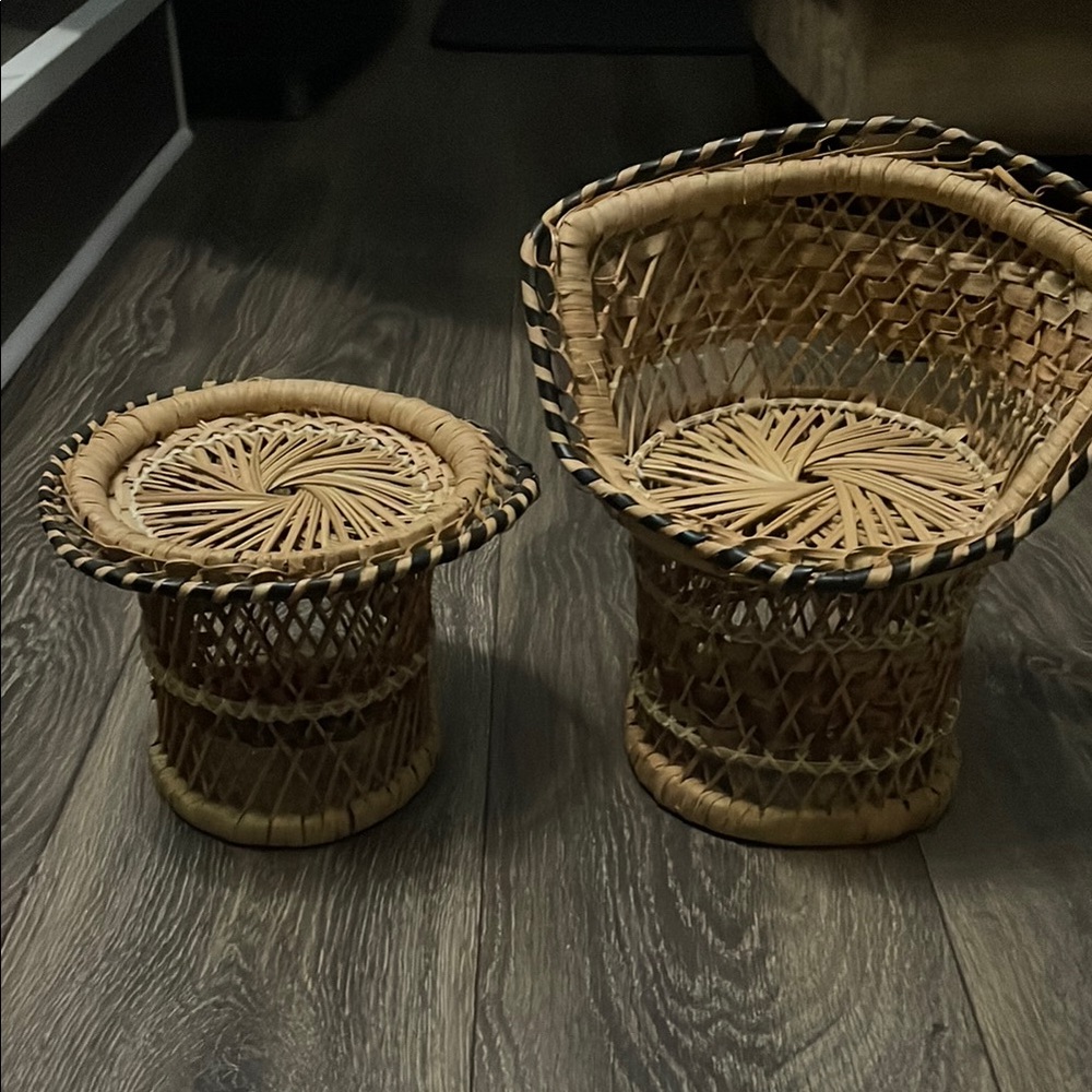 Handcrafted Tan Wicker Chair and Table Set